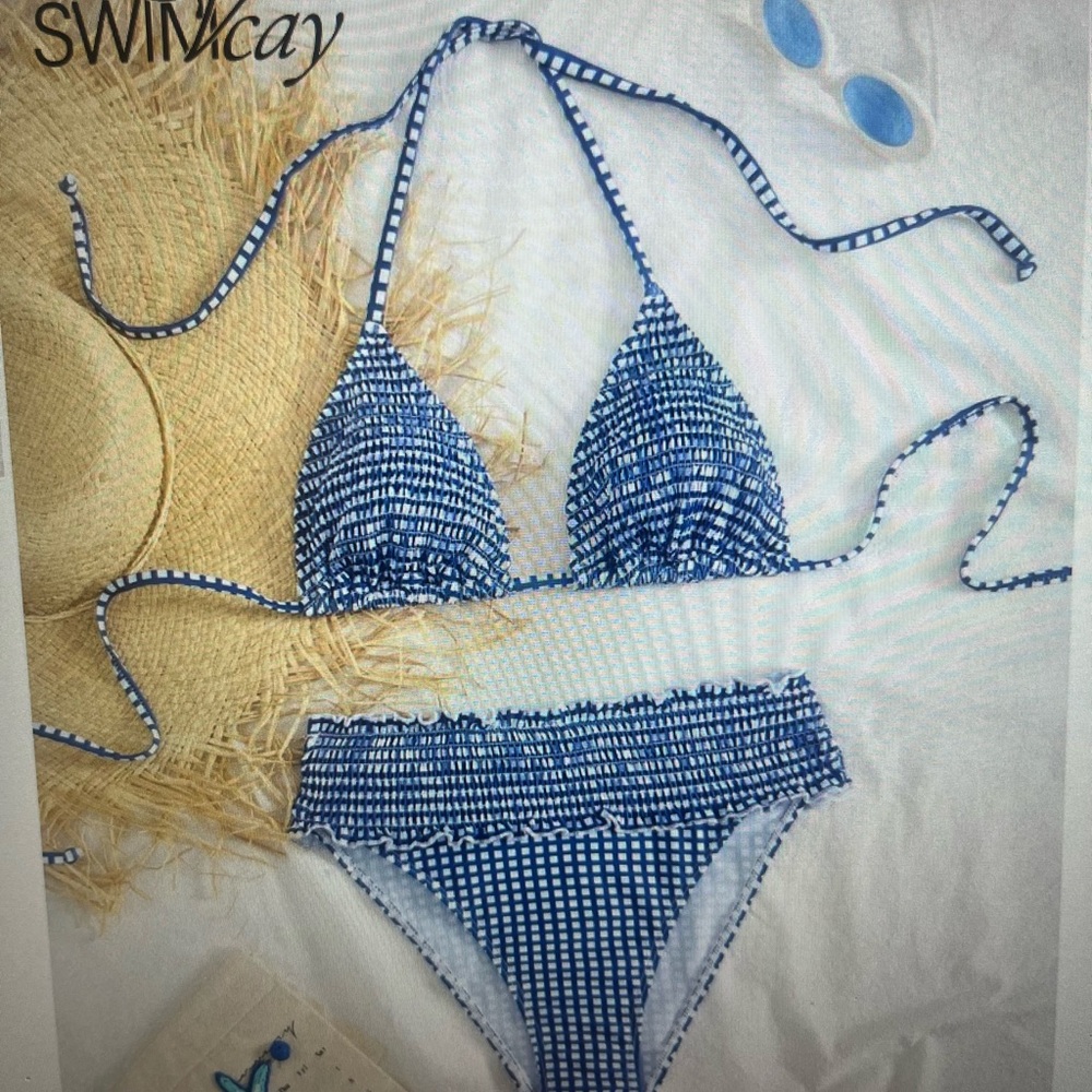 SHEIN Blue Gingham Smocked Triangle Bikini Set